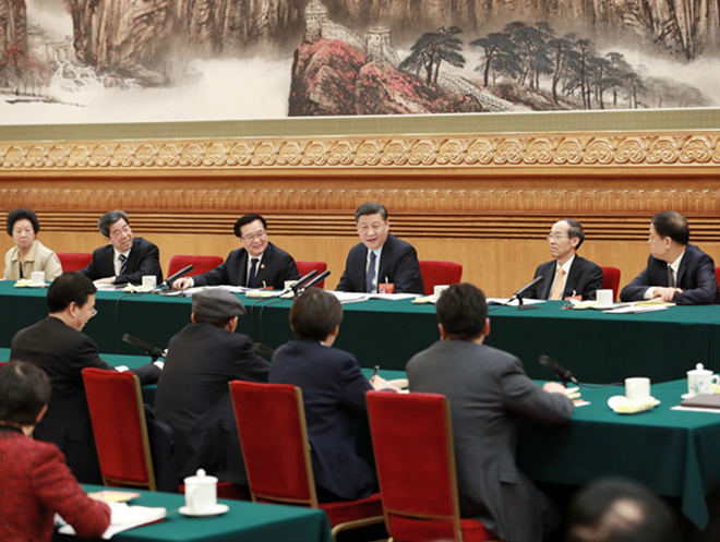 2019年3月8日，習(xí)近平參加十三屆全國(guó)人大二次會(huì)議河南代表團(tuán)的審議。