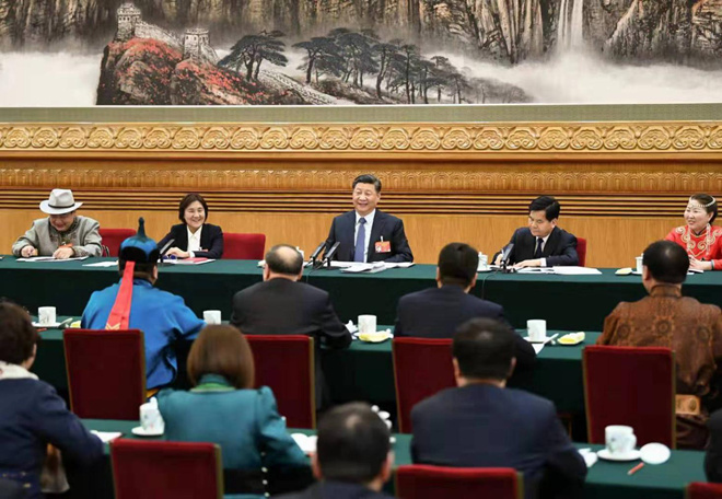 2019年3月5日，習(xí)近平參加十三屆全國(guó)人大二次會(huì)議內(nèi)蒙古代表團(tuán)的審議。